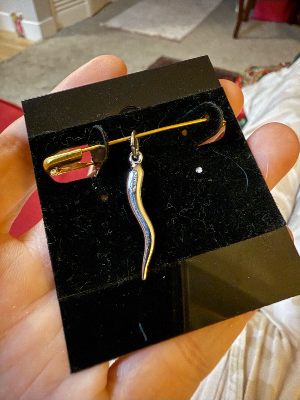 Sterling Silver Italian Corno Luck & Fertility Charm Pendant long and elegant